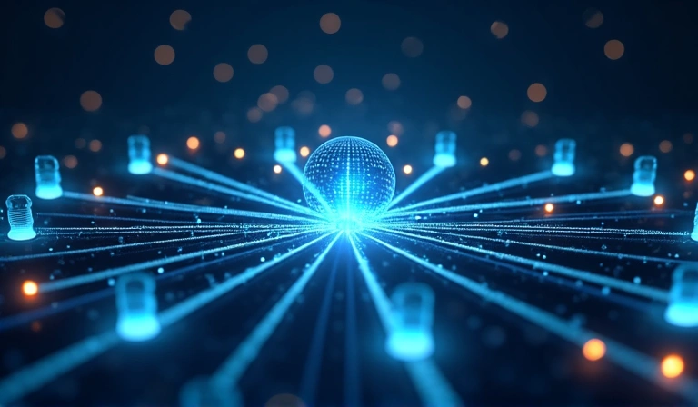 Abstrakte Illustration des Online-Lernens mit verbundenen Geräten und Lichtstrahlen, die Flexibilität und Wissen symbolisieren.